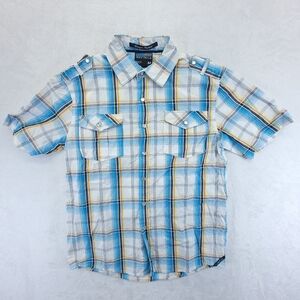 South Pole Hexagon Men's Short Sleeve Casual Button Up Shirt Blue Plaid Size M